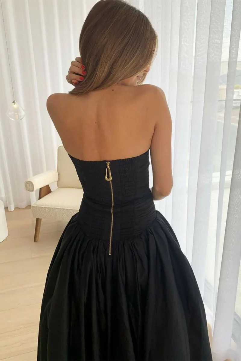 Black - Strapless A Line Satin Pleated Prom Dresses With Slit