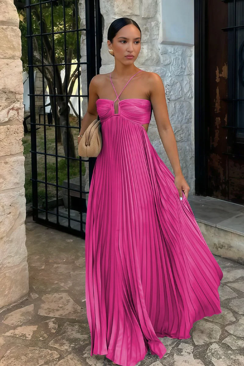 Sky Blue Halter Pleated Satin A Line Prom Dresses With Cutout