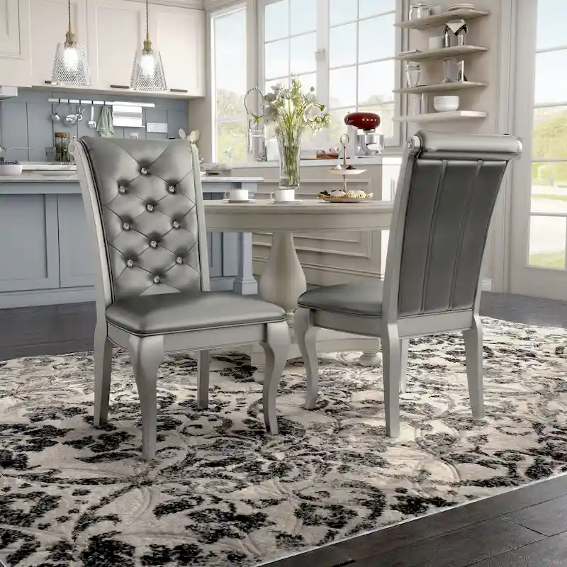 Grey Faux Leather Dining Chair, Champagne Legs, Set of 2