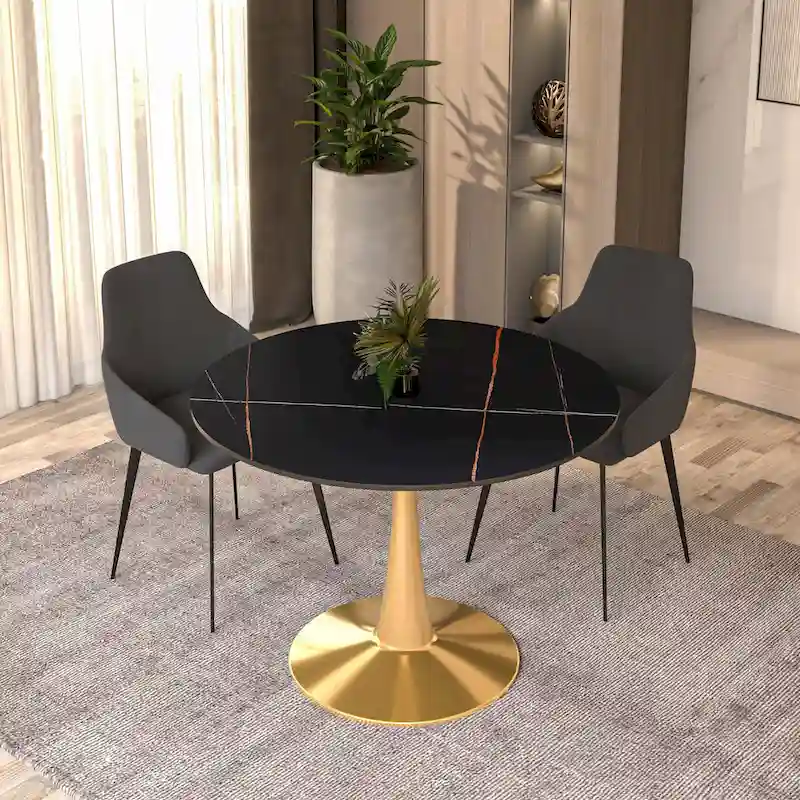 LeisureMod Round Dining Table 40 Sintered Stone Tabletop in Gold Steel Bistro Series