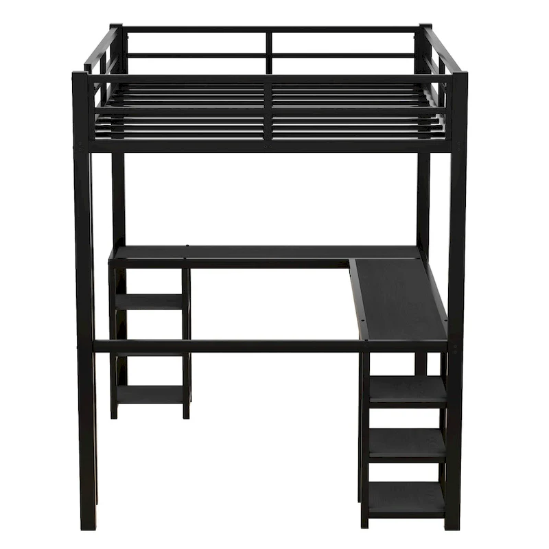 Black Metal Full Loft Bed with Desk and Shelves - L-Shaped Design