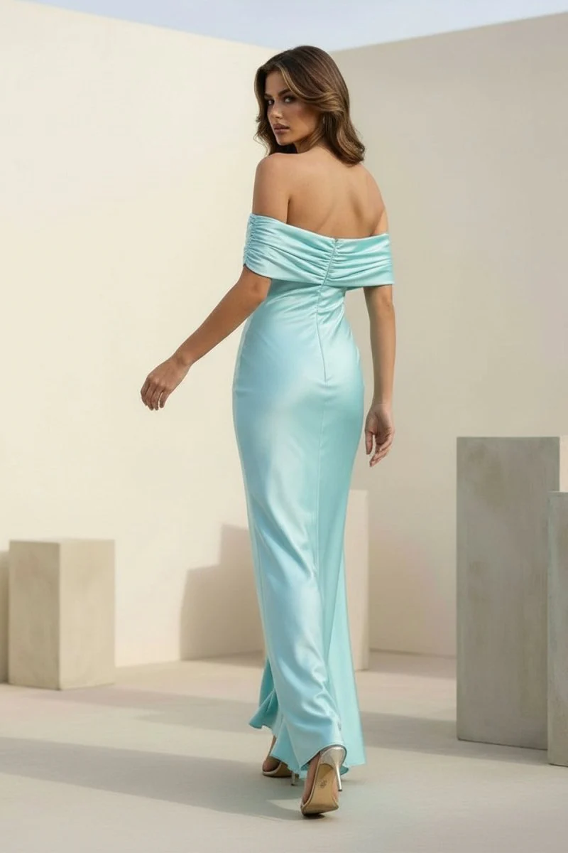 Aqua Sheath Off The Shoulder Satin Long Prom Dresses