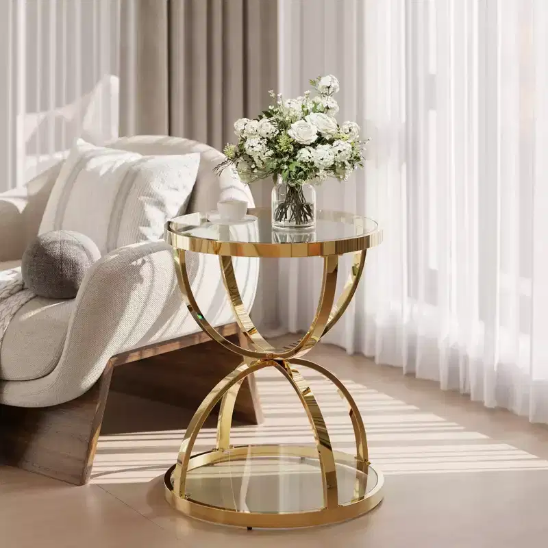 GDFStudio Leda 19.69'' Modern Glass Side Table with 2 Tiers, Ring-Shaped Frames