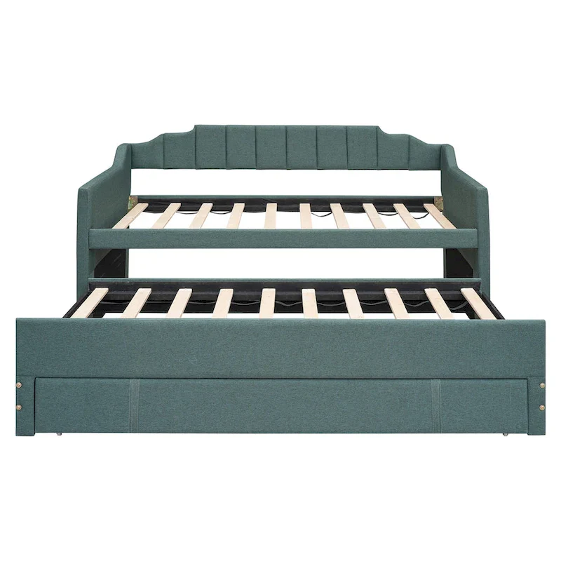 Grey/Green/Beige Twin Upholstered Daybed with Trundle & 3 Drawers, Sleeps 2