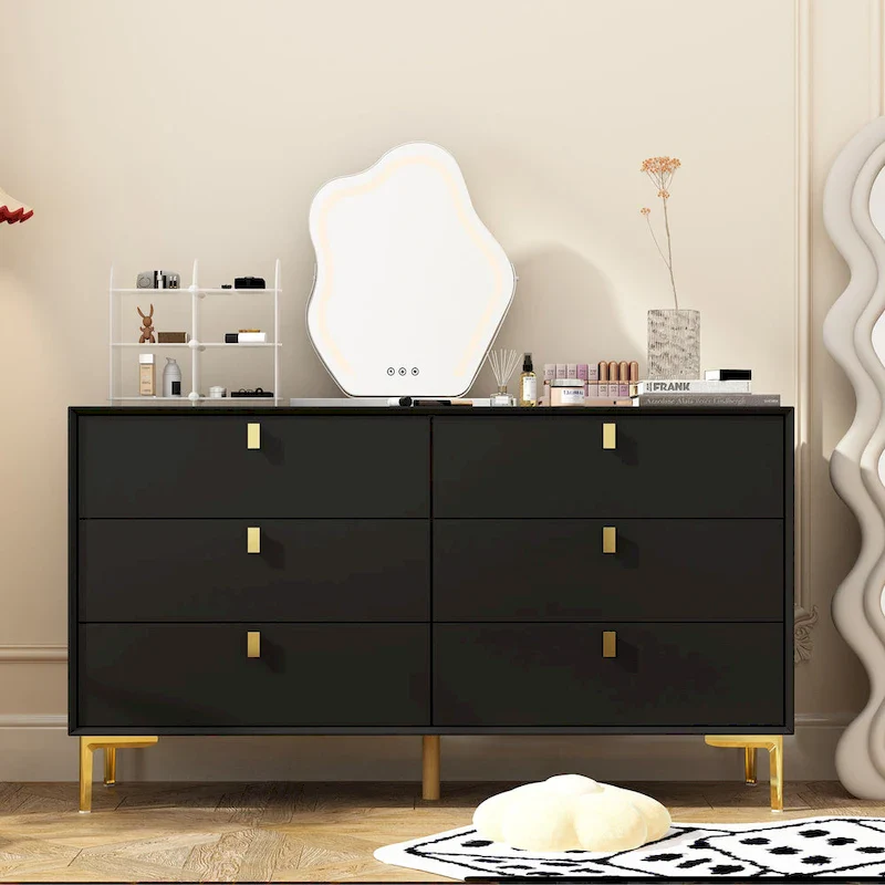 Black / Navy Blue / White Modern 6-Drawer Dresser with Gold Knobs – Single