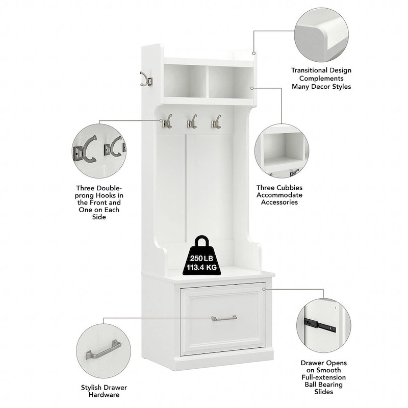 Woodland Hall Trees and Shoe Bench with Drawers by Bush Furniture
