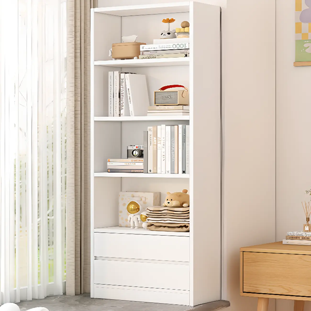 Simple Wooden White 3-Tier Bookcase with Drawers