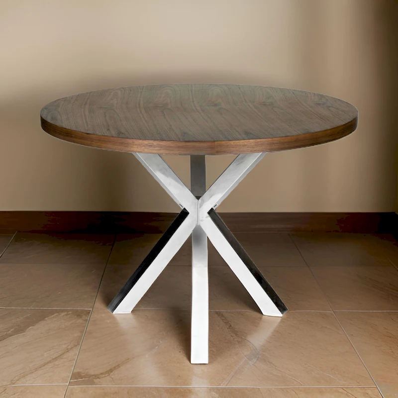 Emi 47 Inch Round Dining Table, X- Cross Brushed Steel, Walnut Brown Wood