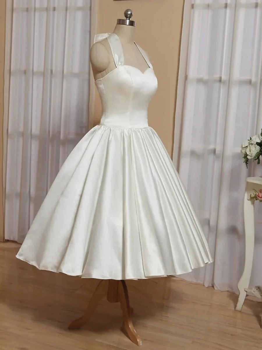 White A-Line Halter Sleeveless Tea Length Satin Bridal Gowns With Bow(s) Pleats