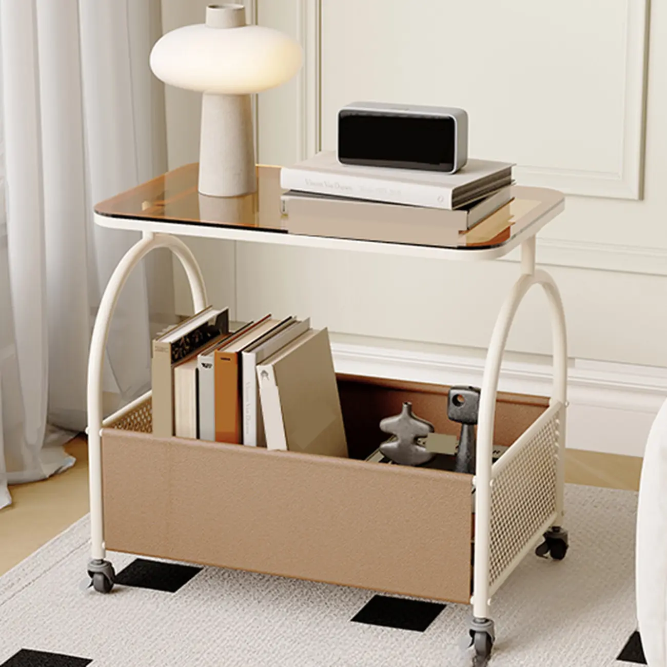 Brown Glass Top Storage Side Table Cart with Wheel
