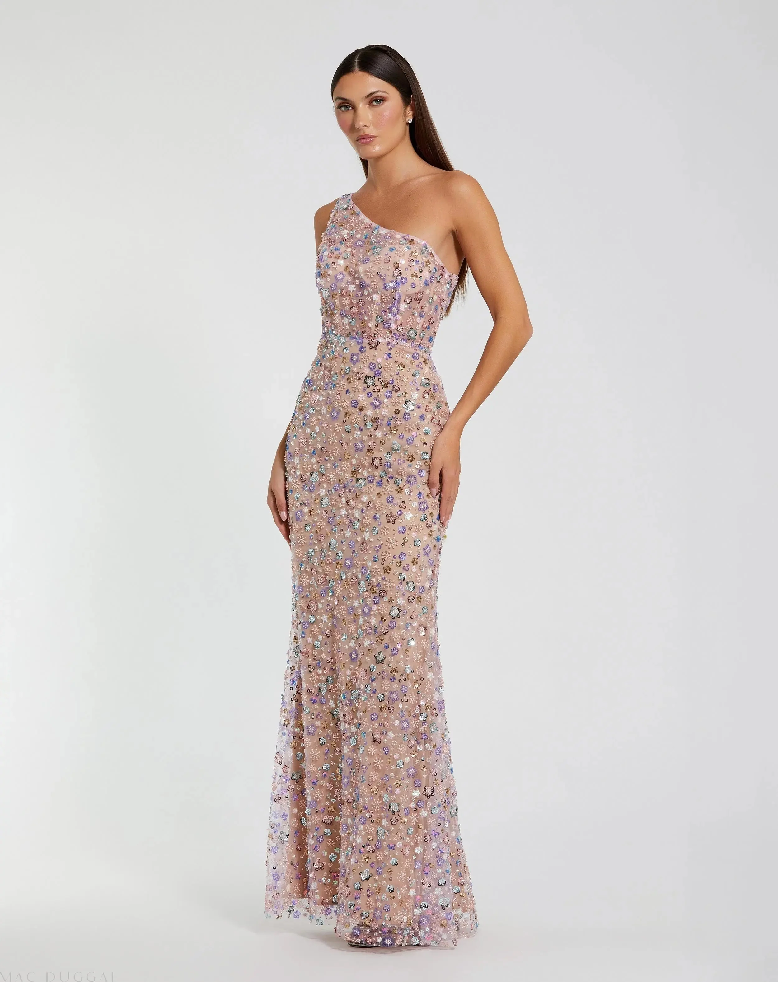 Pink Floral Embellished One Shoulder Column Gown
