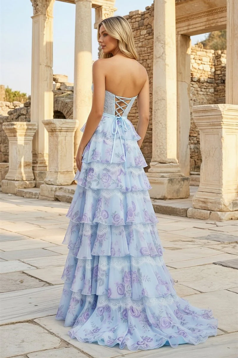 Sky Blue Sweetheart A Line Floral Chiffon Ruffled Long Prom Dresses With Slit