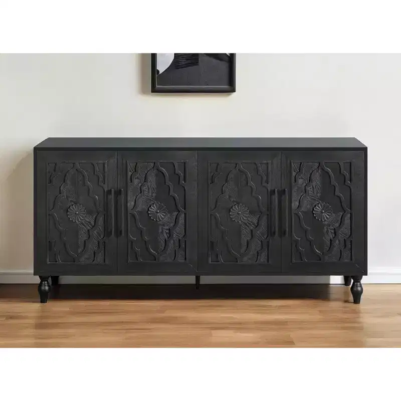 HomeRoots 68 Black Distressed Carved Floral Sideboard with Four Doors