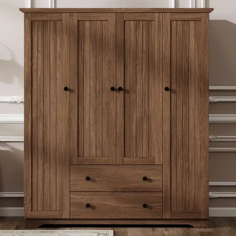 Brown / White 4-Door Wardrobe Armoire with 2 Drawers & Hanging Rail
