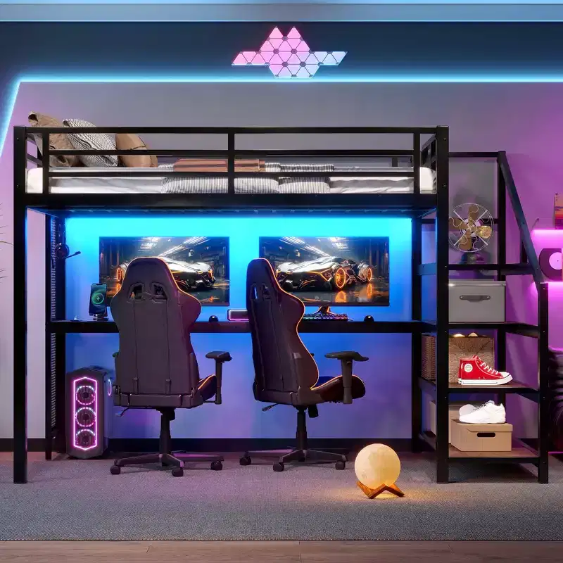 Full/Queen Size Metal Loft Bed with Desk, LED Light, USB Ports, Storage Stairs & Multifunctional Iron Nets, Black - ModernLuxe