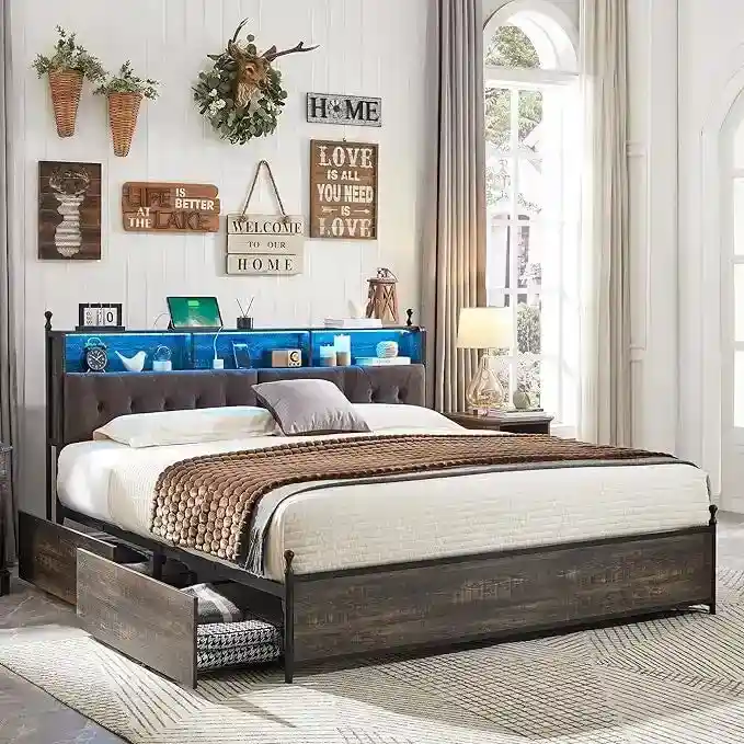 King Size Bed Frame with Storage Drawers, LED Lighting, and Charging Station