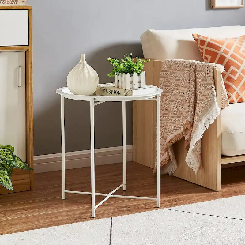 Folding Round TV Tray Tables, Small Round Steel Side Table, No Assembly Required - 18.5 x 18.5 x 19.7 in