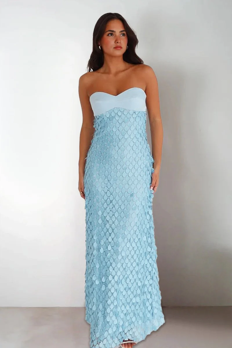 Blue - Sheath Strapless Long Prom Dresses with Sequins