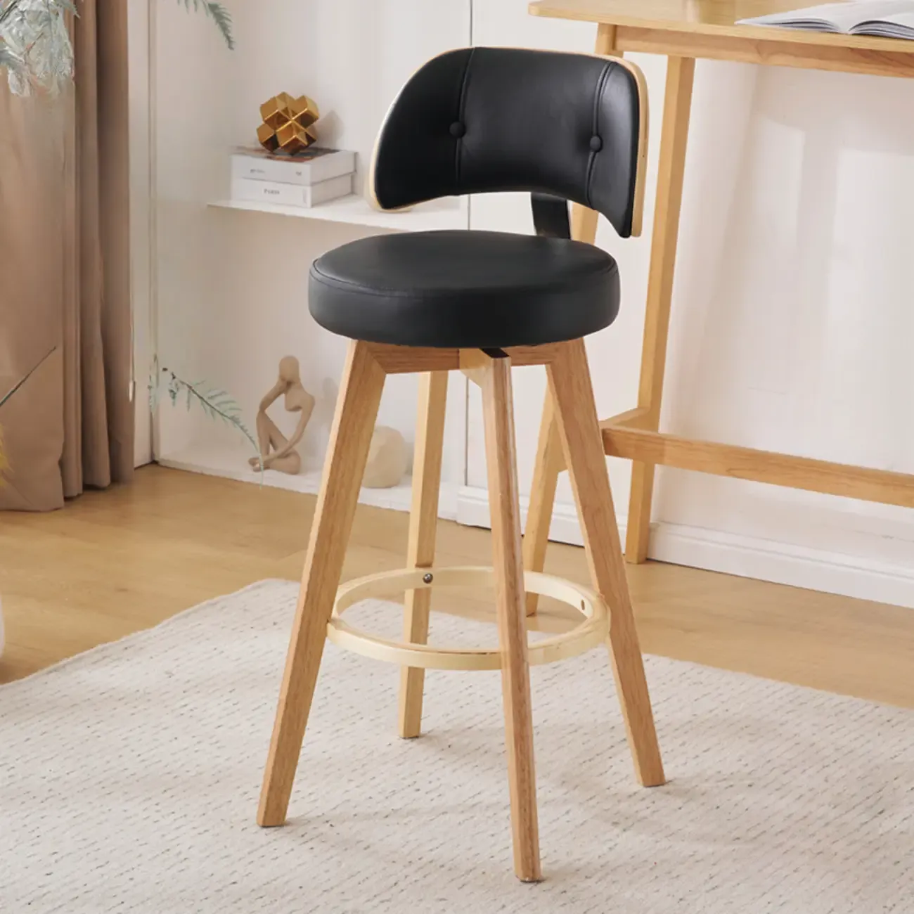 Natural Wood Round Leather Swivel Bar Stools