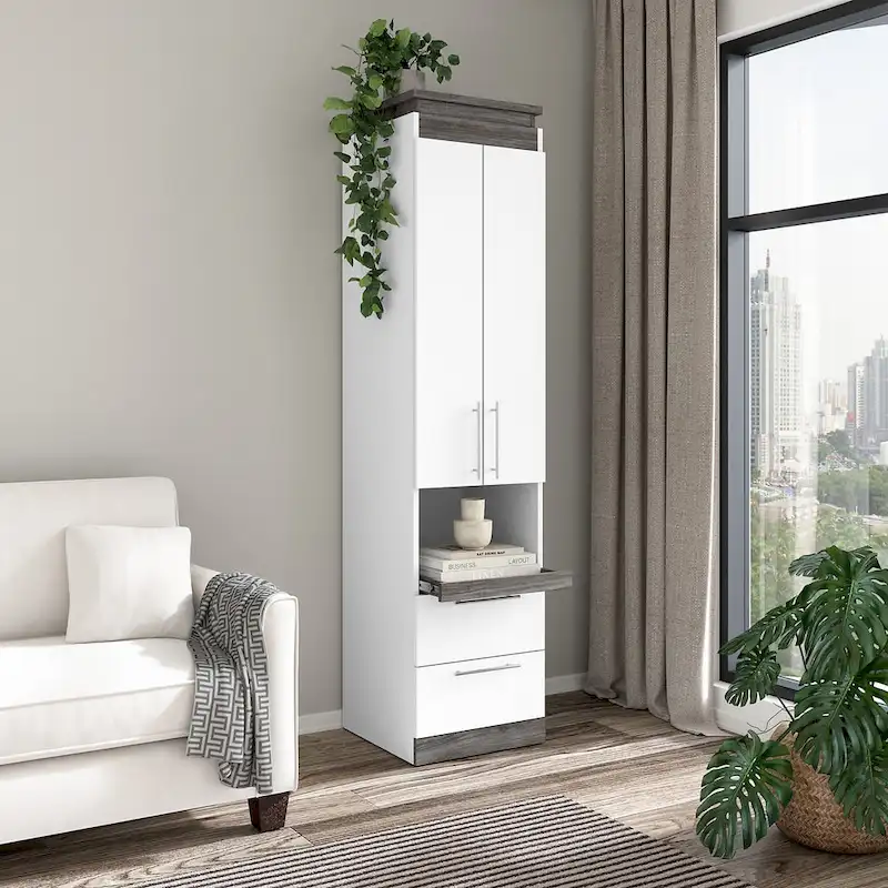 20W Narrow Storage Cabinet with Doors & Drawers – White/Walnut Grey & Bark Grey/Graphite – 2-Person Assembly