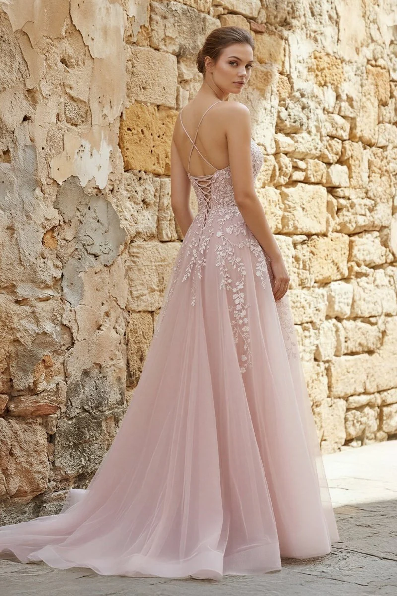 A-line Spaghetti Straps Tulle Prom Dress with Appliques