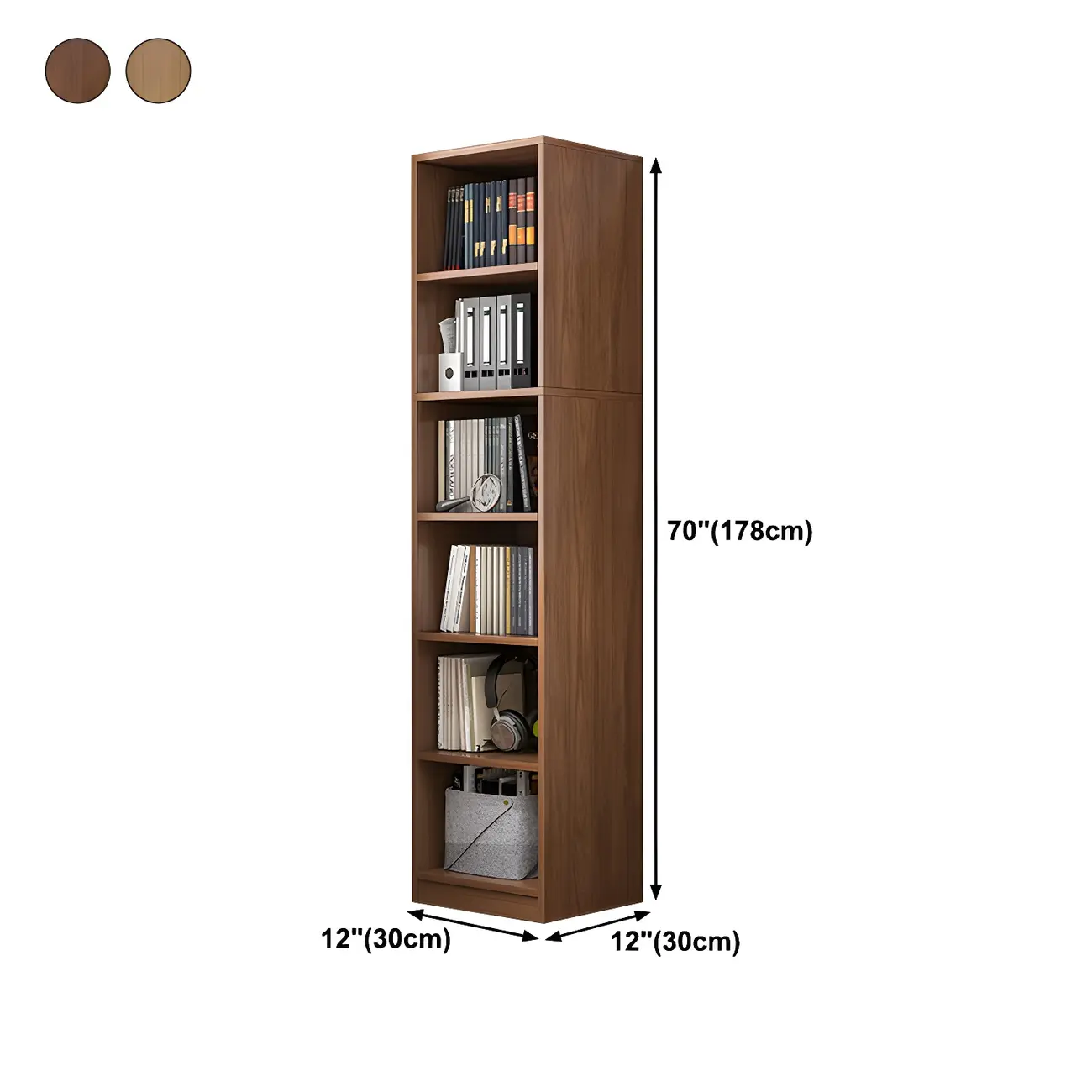 Narrow Tall Brown Wood 6-Shelf Closed Back Bookcase