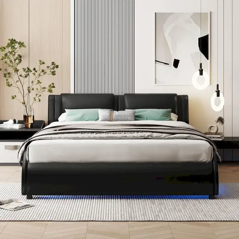White / Black Faux Leather Full Size Platform Bed with RGB LED Headboard – 2-Seater