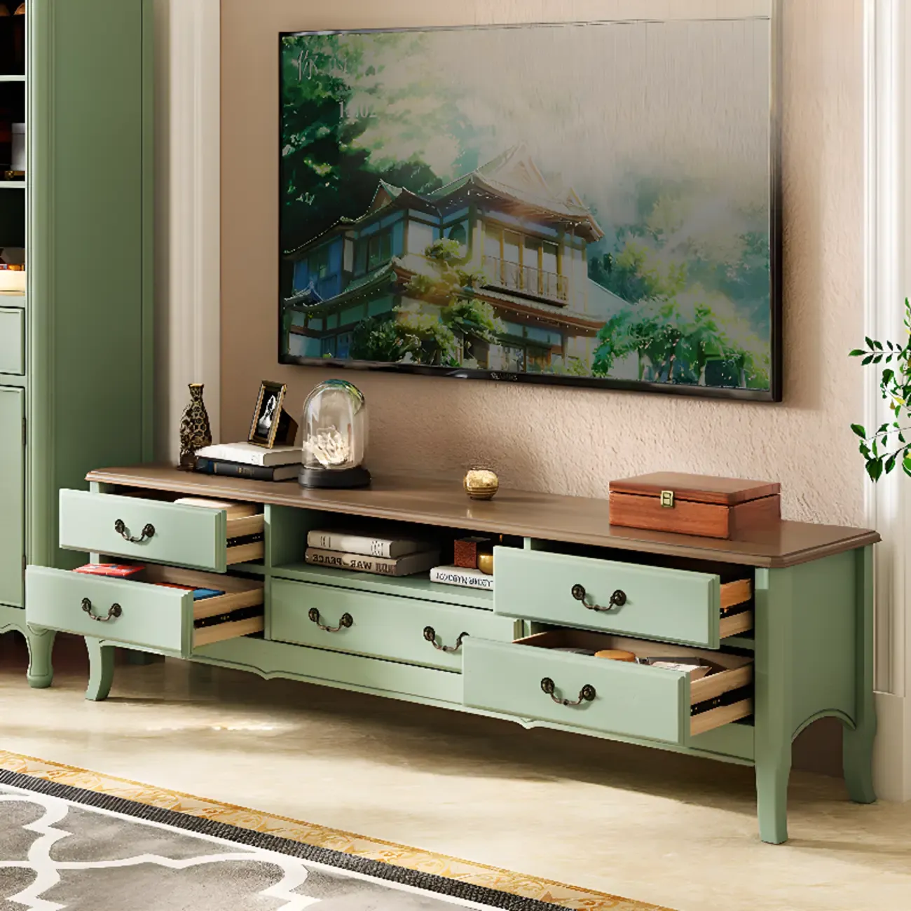 Green Modern Wood Cable Management TV Stand with 5-Drawer