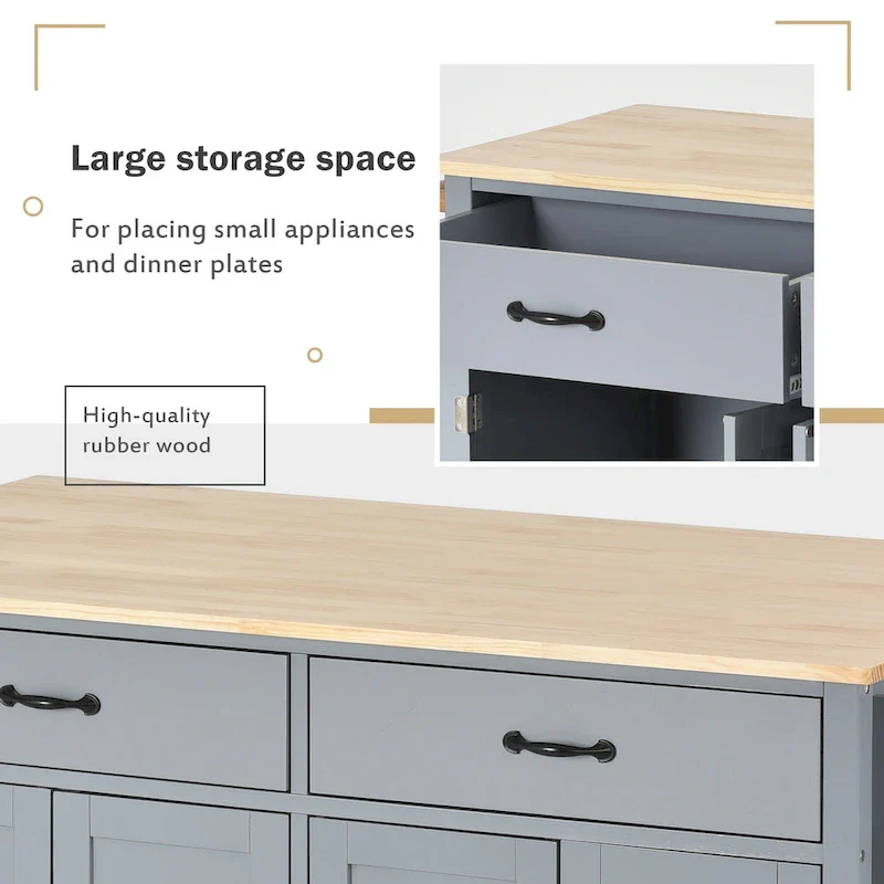 Essential MDF Kitchen Island Cart with Solid Wood Top, Locking Wheels, and Spice Rack