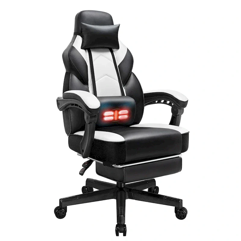 Gaming Chair PU Leather Office Chair with Headrest, Footrest & Massage Lumbar Support