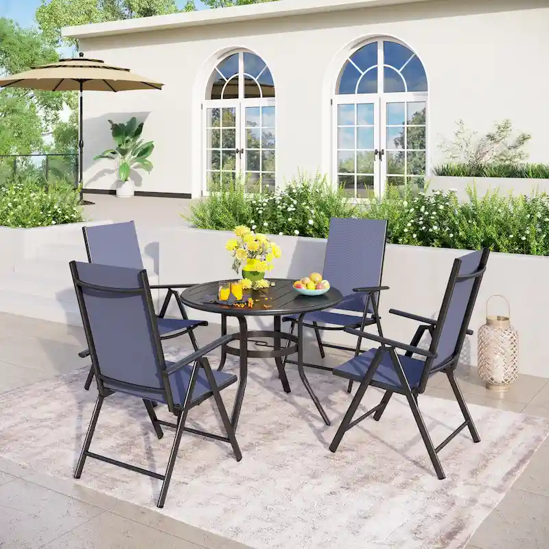 Patio 5 Pieces Dining Set, 4 x Reclining Folding Sling Dining Chairs and 1 x Table with an Umbrella Hole