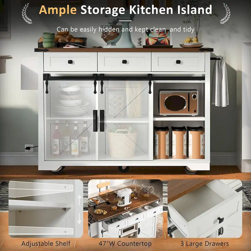 53.5 Farmhouse Kitchen Island with Power Outlet, Drop Leaf, Spice Rack, Drawer, and Wheels