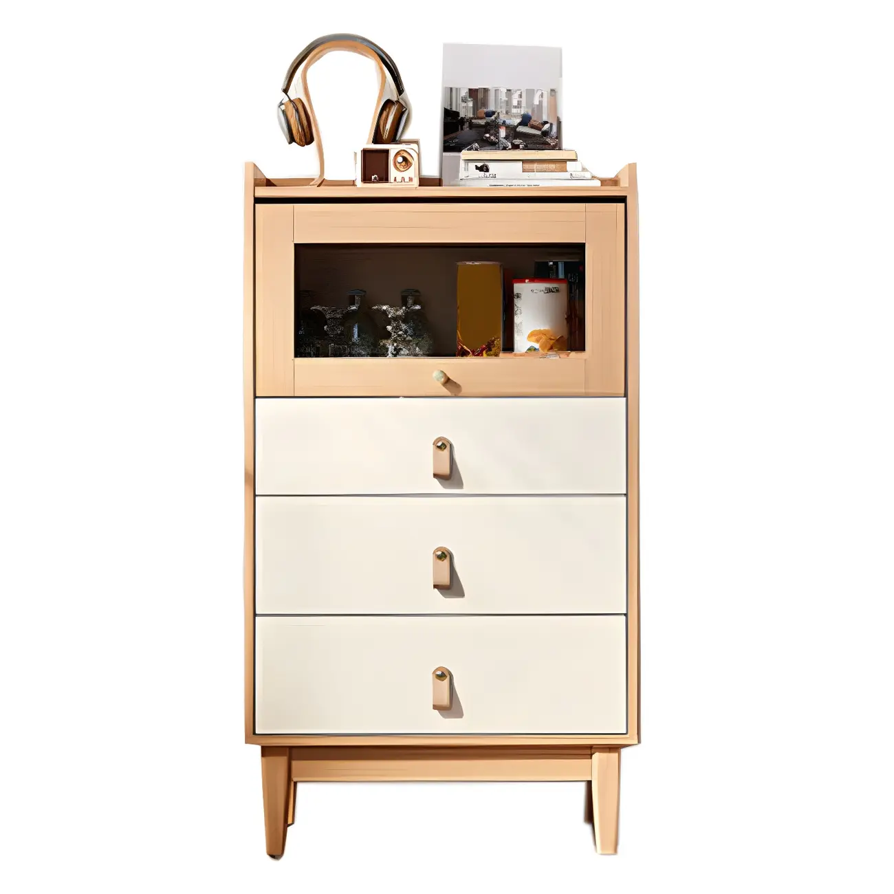 Durable Natural Finish Light Wood and Glass Drawers Dresser