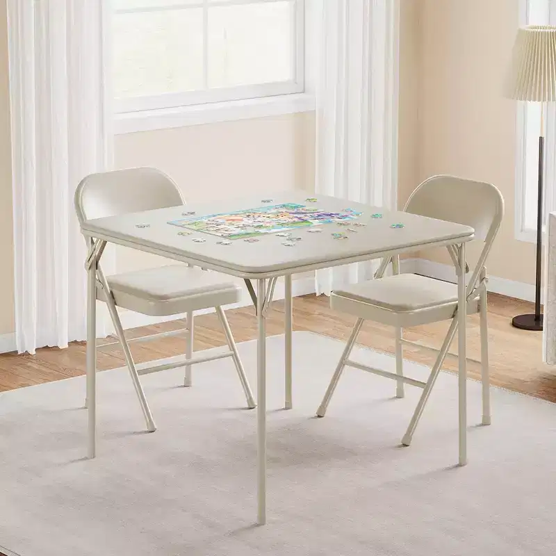 3-Piece Dining Table Set, Metal Folding Kitchen Table with 2 Upholstered Chairs, Space-Saving Design, Faux Leather Cushions, for Dining Room