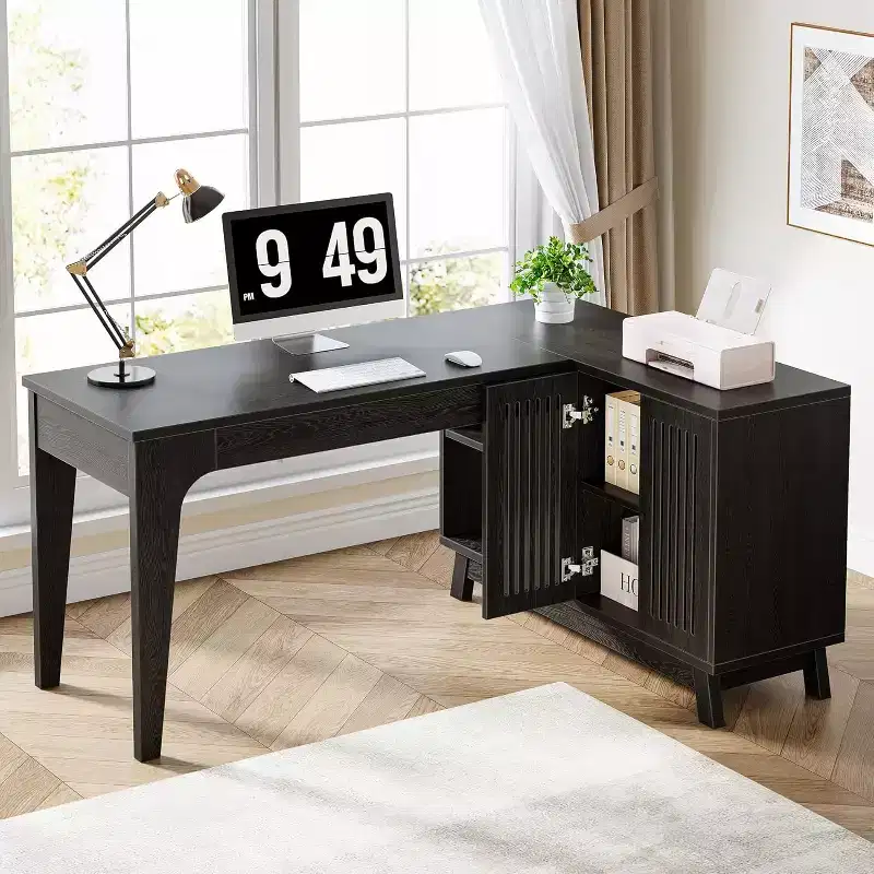 Lantine 57-Inch L-Shaped Computer Desk with Storage Cabinet for Home Office