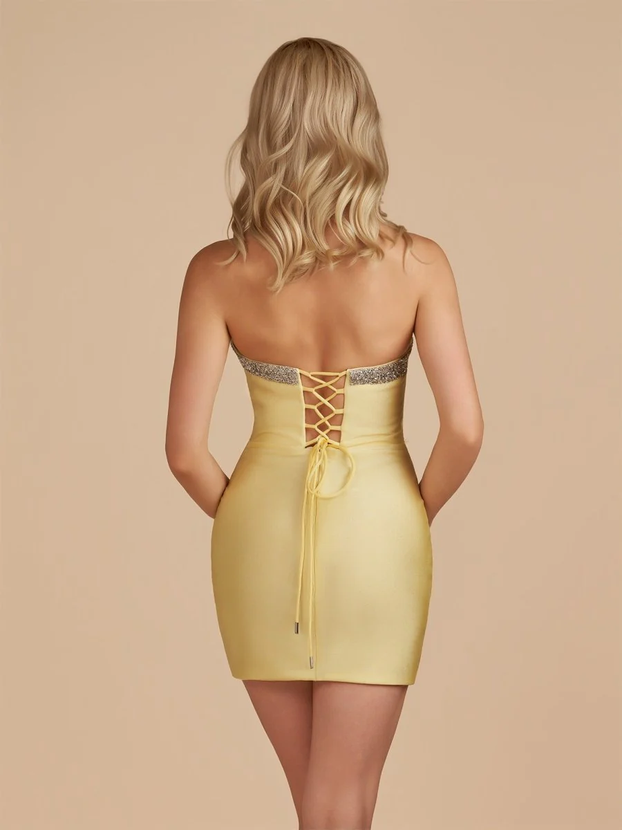 Yellow - Bodycon Strapless Cut Out Satin Beaded Homecoming Dress With Bows