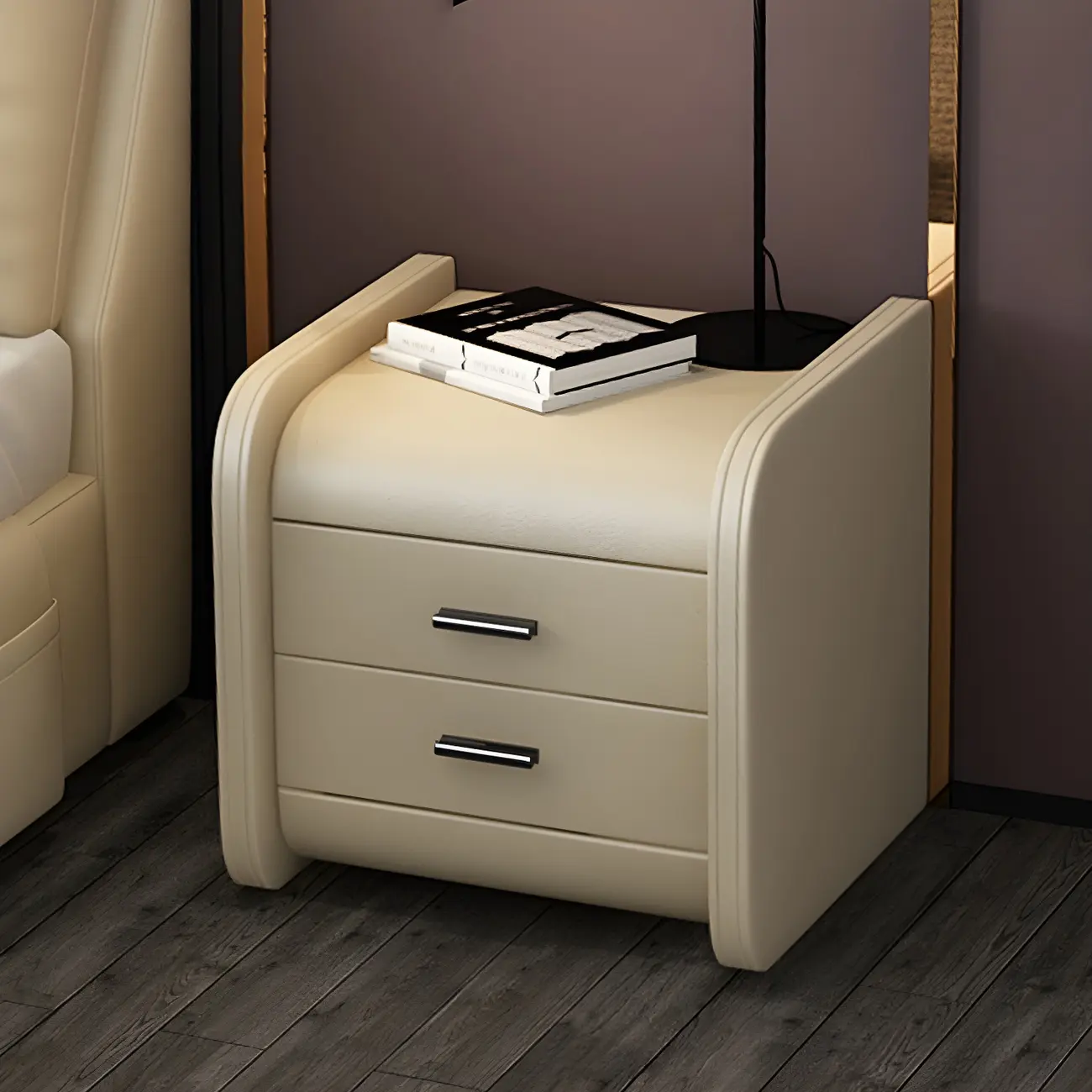 Modern Round Edge Nightstand with 2 Drawers in Beige Leather