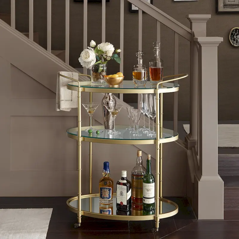 Silver / Antique Gold 3-Shelf Bar Cart with Glass & Mirror Shelves