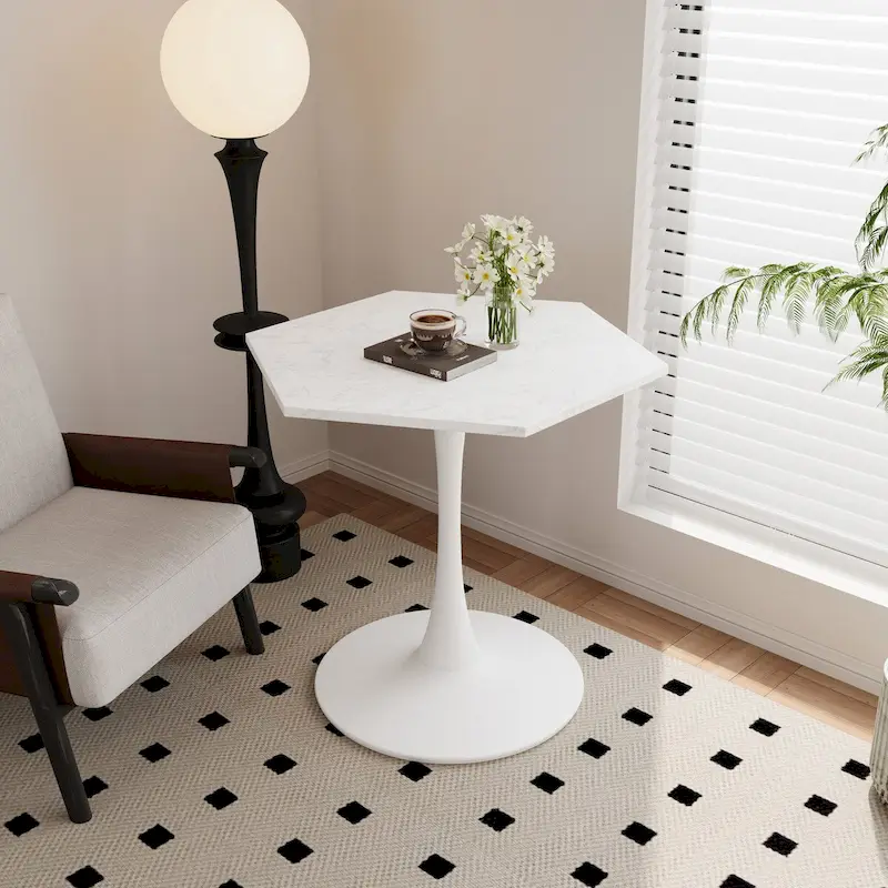 White Marble & Black Hexagonal Coffee Table, MDF Top + Metal Legs, Seats 2