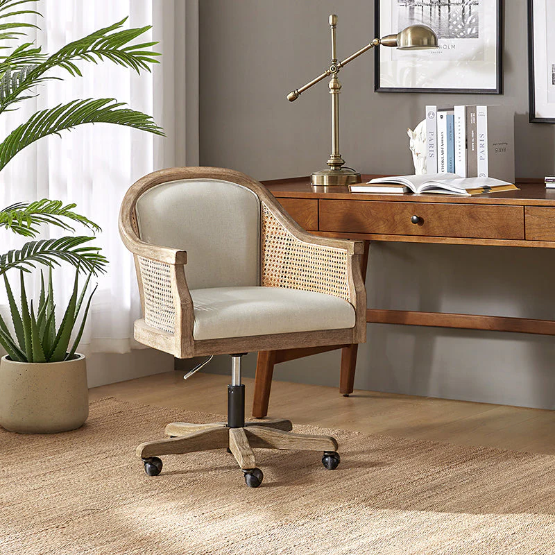 Rattan Barrel Back Task Chair with Polyester-Linen Seat, Adjustable Height & Swivel Base | Ivory / Blue / Linen | Single Seat