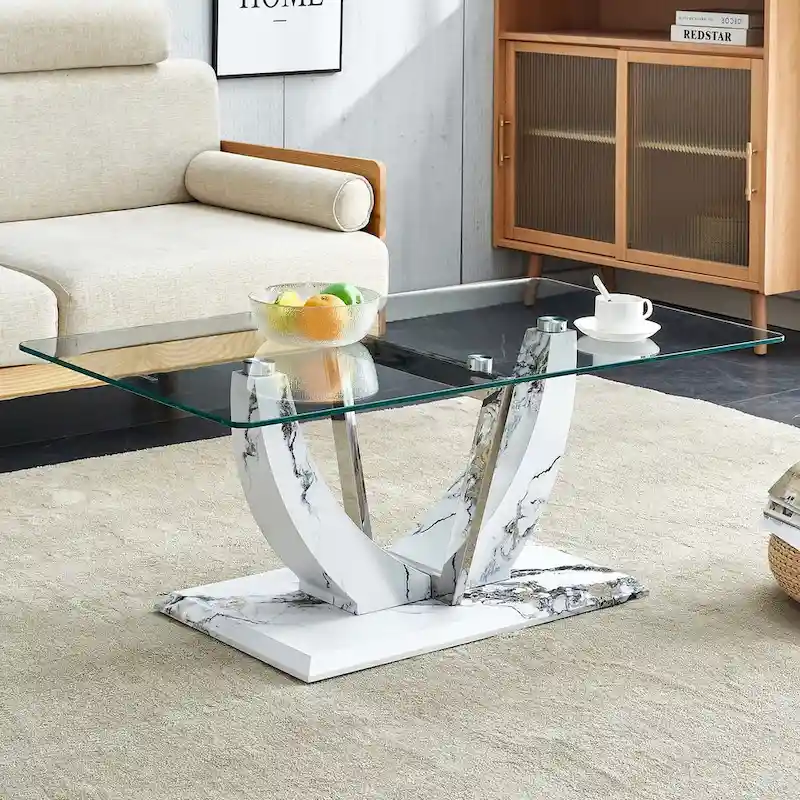 Modern minimalist transparent tempered glass coffee table with marble patterned MDF legs and stainless steel decorative columns
