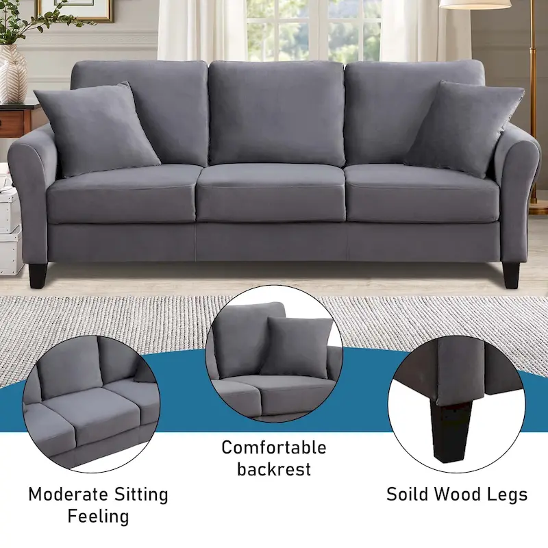3-Seater Velvet Sofa with 2 Pillows, Black/White/Grey, Wood Frame, 3-Person