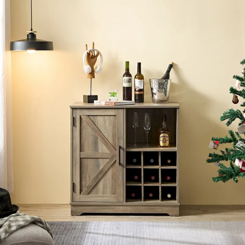 Black / Tan Barn Door Buffet Cabinet with Wine Rack & Drawer