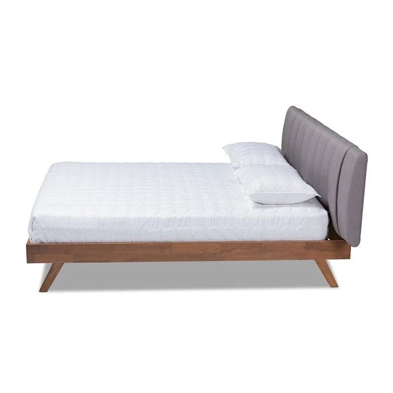 Brita Mid-Century Modern Light Beige Fabric Upholstered Walnut Finished Wood Bed