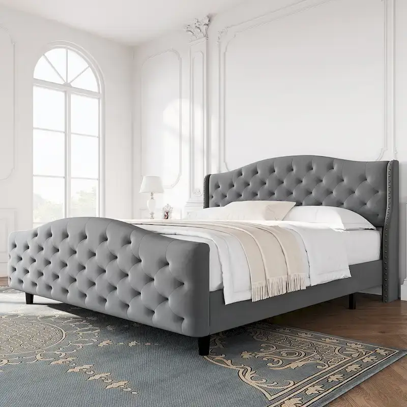Bed Frame With Velvet Upholstered Headboard And Footboard