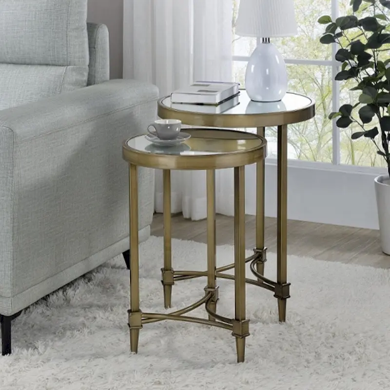 Nesting Table Set - Mirrored & Antique Brass Finish