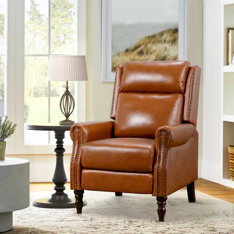 Genuine Leather Push-Back Recliner with Adjustable Backrest