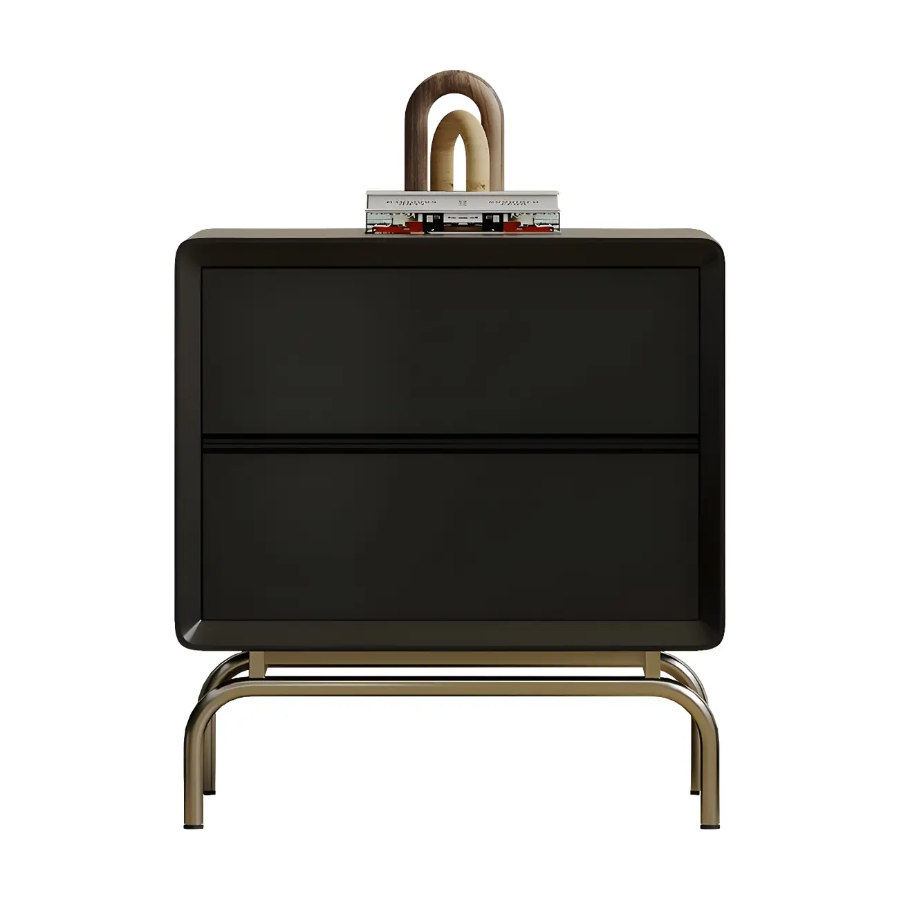 Classic Black Wood 2 Drawers Nightstand with Silver Metal Base