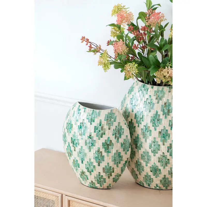 A&B Home Green and Tan Diamond Pattern Capiz Vase