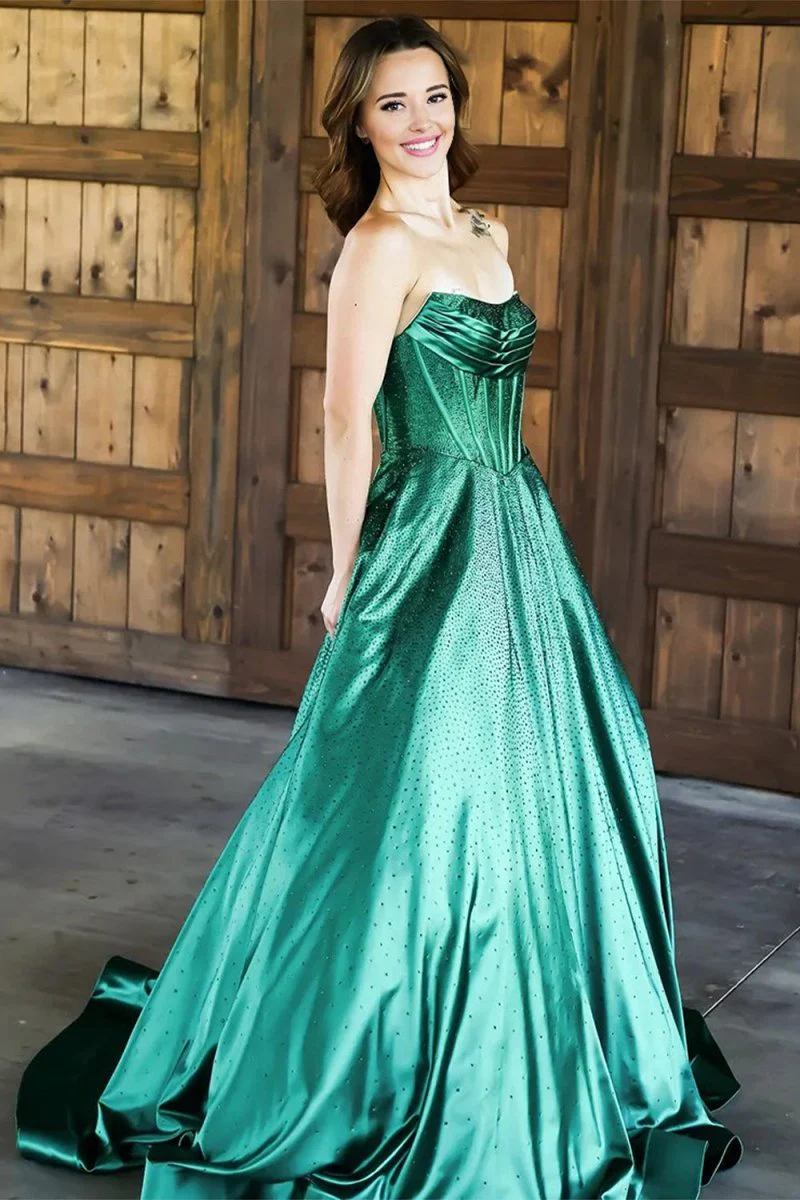 Green - Strapless A Line Satin Beaded Long Prom Dresses With Pockets